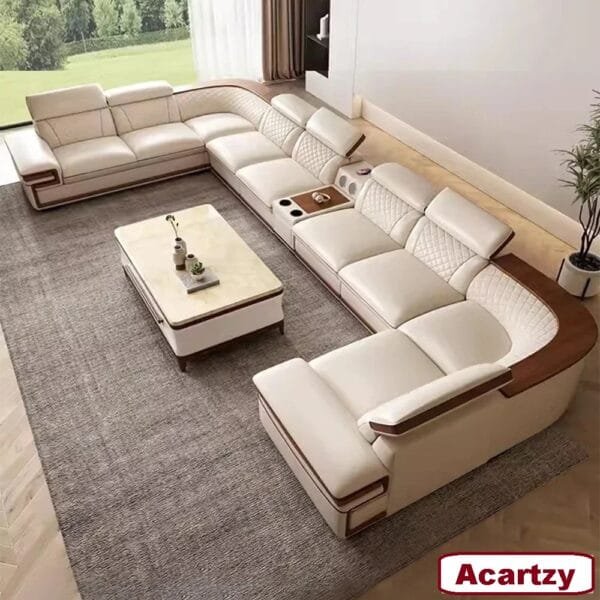 Smart Italian leather sofa with luxurious comfort and built-in wireless charging.