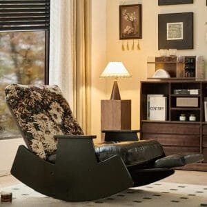 Wooden rocking chair with recliner function, perfect for living rooms, balconies, and relaxation.