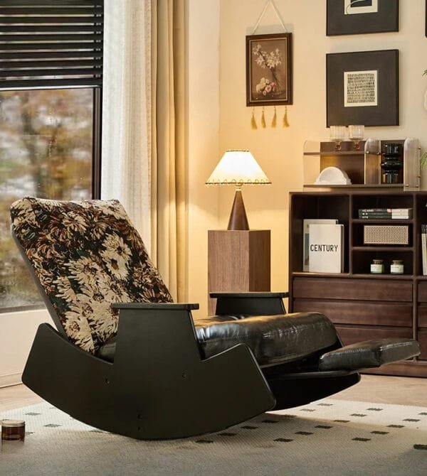 Wooden rocking chair with recliner function, perfect for living rooms, balconies, and relaxation.