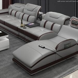 High-end Italian sectional sofa with massage function, L-shape design, and Bluetooth speakers.