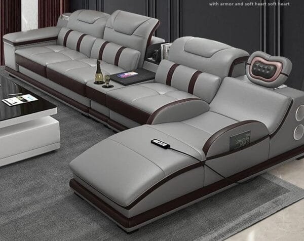 High-end Italian sectional sofa with massage function, L-shape design, and Bluetooth speakers.